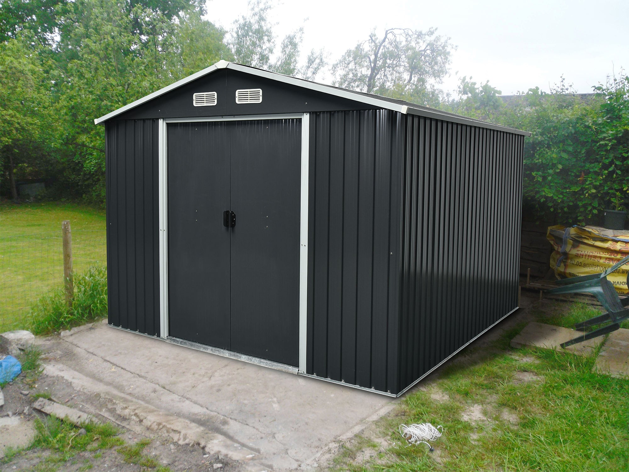 SummitStorage Hub, 9' X 11' Galvanized Steel Garden Shed with 4 Vents & Lockable Double Sliding Door, Utility Tool Shed Storage House for Backyard, Patio, Lawn - Black