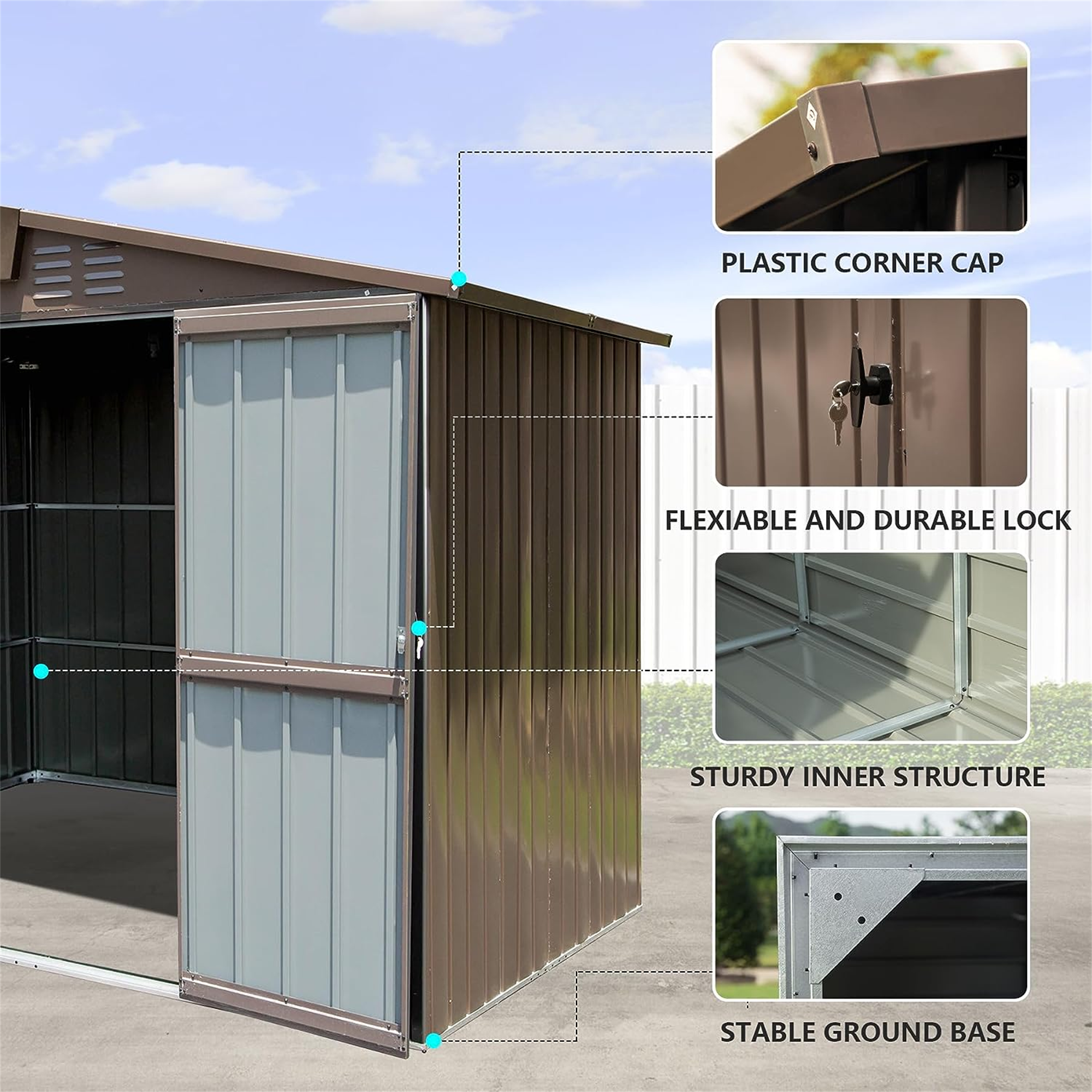EcoStash 8.2' x 6.2', Metal Steel Utility Tool Shed Storage House with Double Lockable Doors & Air Vents for Backyard Patio Garden Lawn Brown
