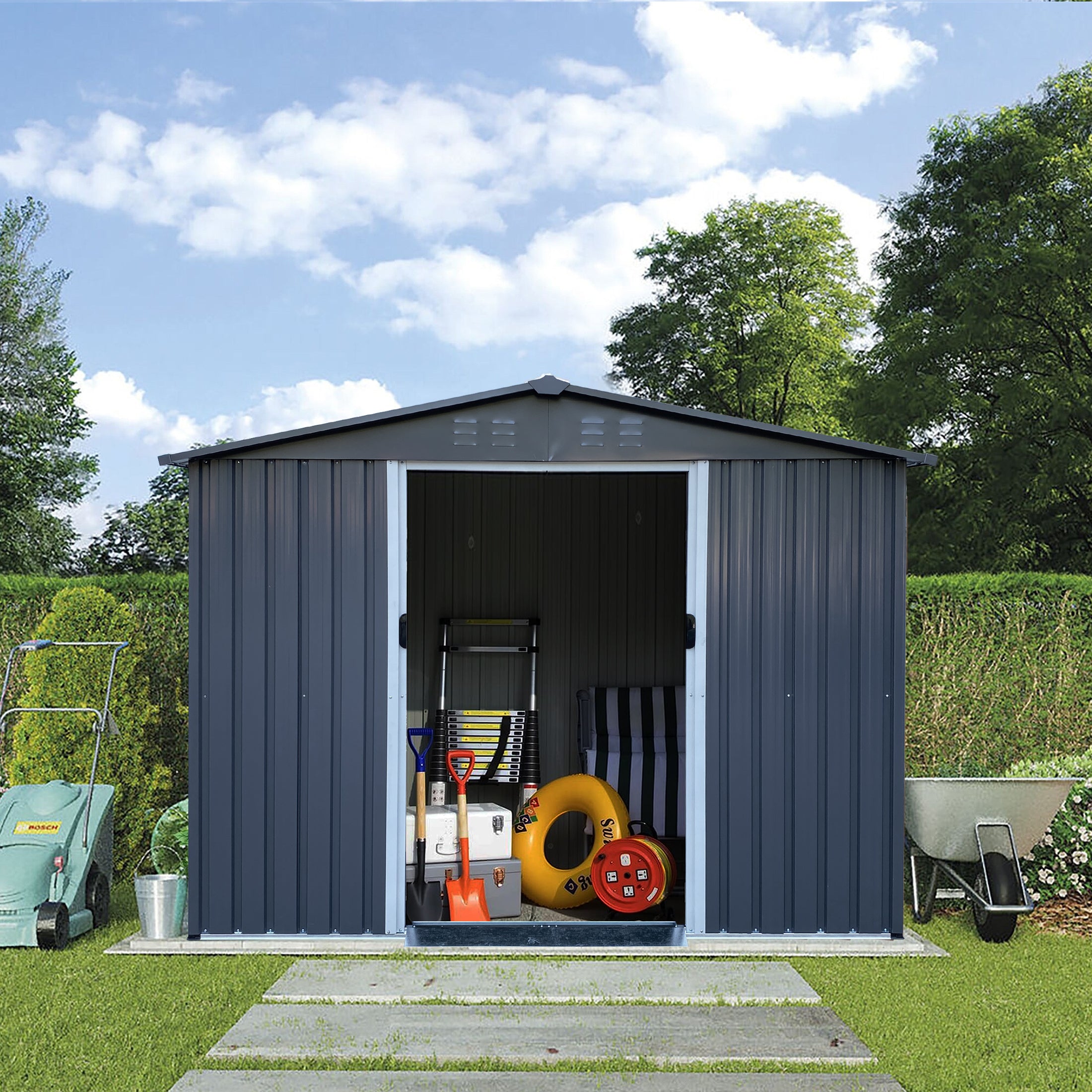 Adventure Cache 8 x 6 FT Large Metal Tool Sheds, Heavy Duty Storage House with Lockable Sliding Doors with Air Vent for Backyard Patio Lawn to Store Bikes, Tools, Lawnmowers Dark Grey