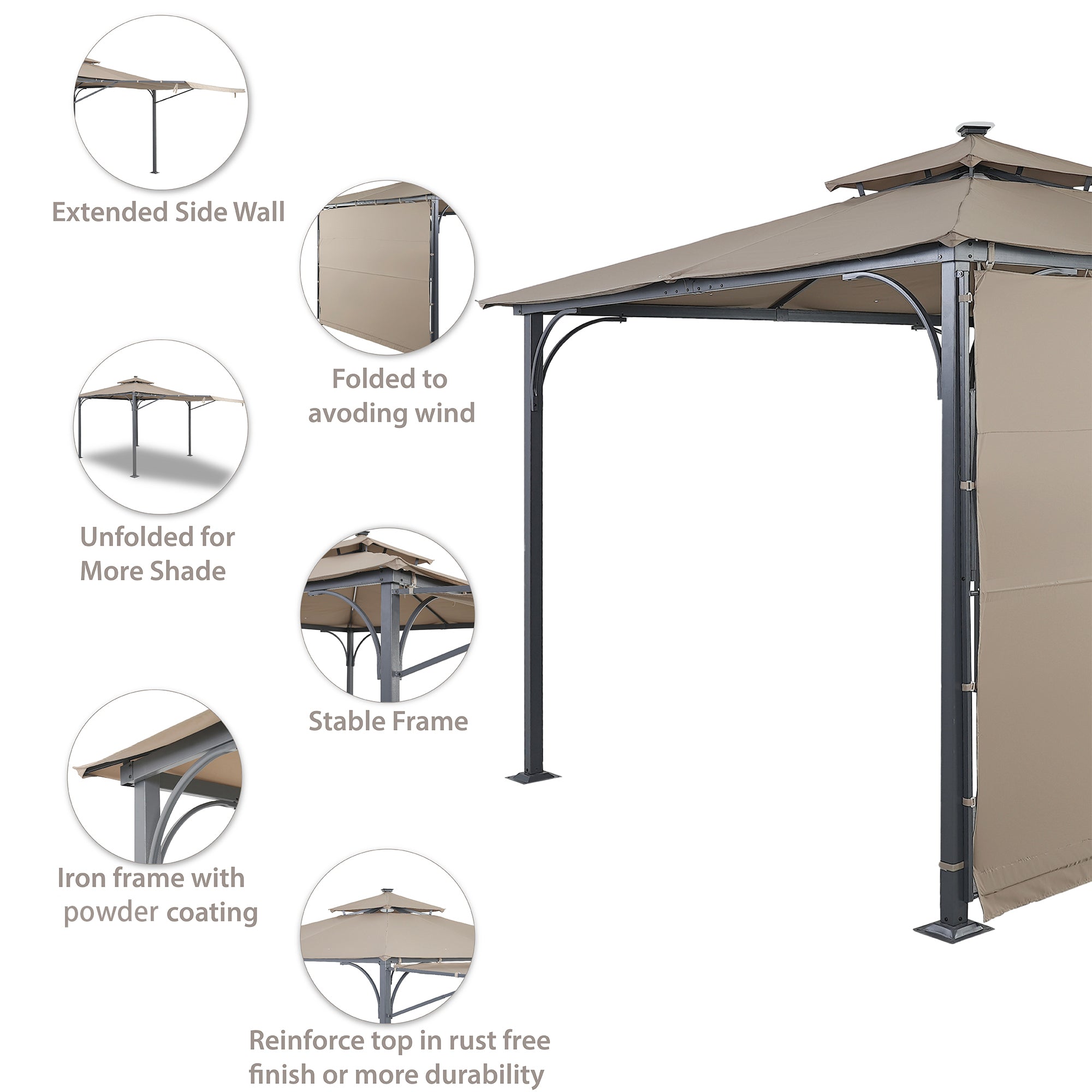 TOPMAX Patio 9.8ft.L x 9.8ft.W Gazebo with Extended Side Shed/Awning and LED Light for Backyard,Poolside, Deck, Brown