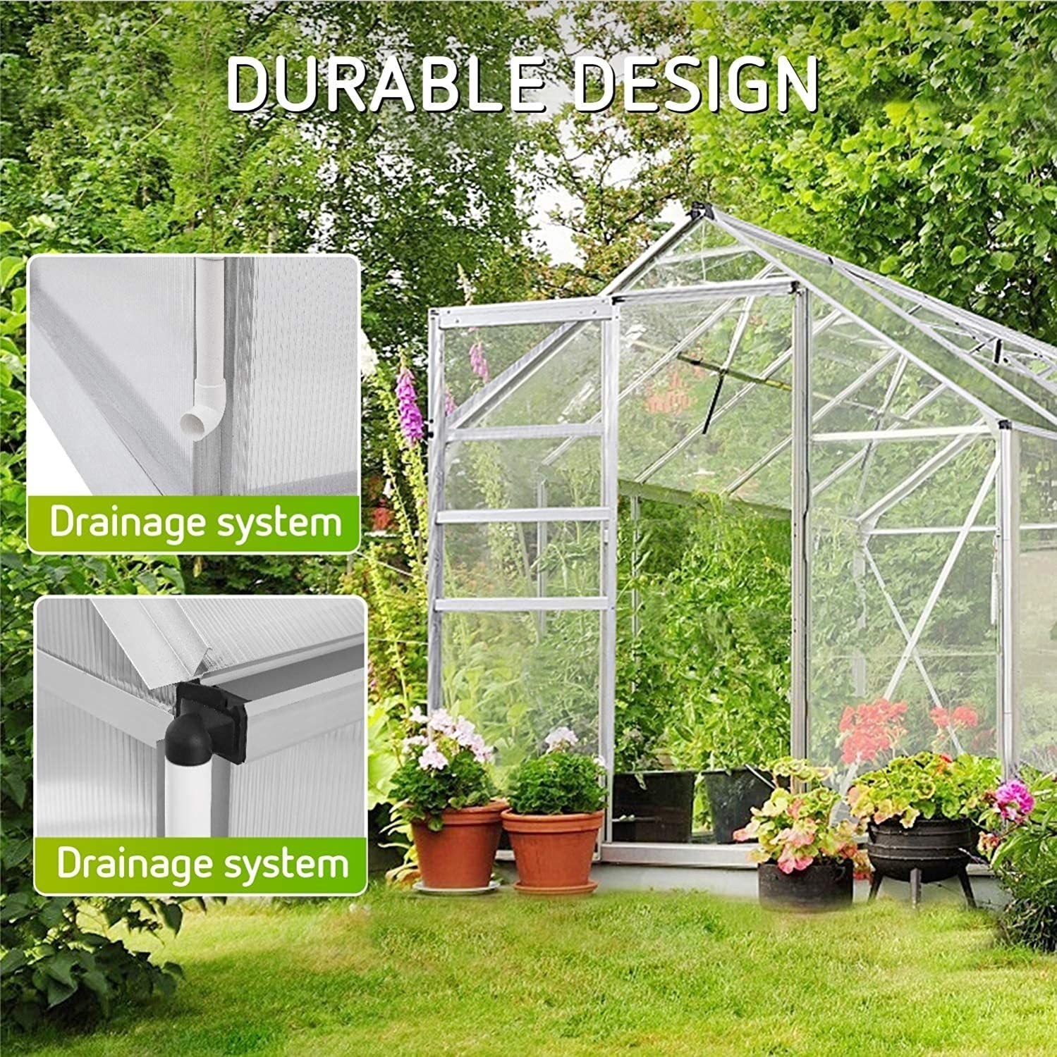 8.3' x 6.3 x 6.8' Aluminum Outdoor Greenhouse, Polycarbonate Walk-in Garden Greenhouse Kit with Adjustable Roof Vent, Rain Gutter and Sliding Door for Winter, Silver