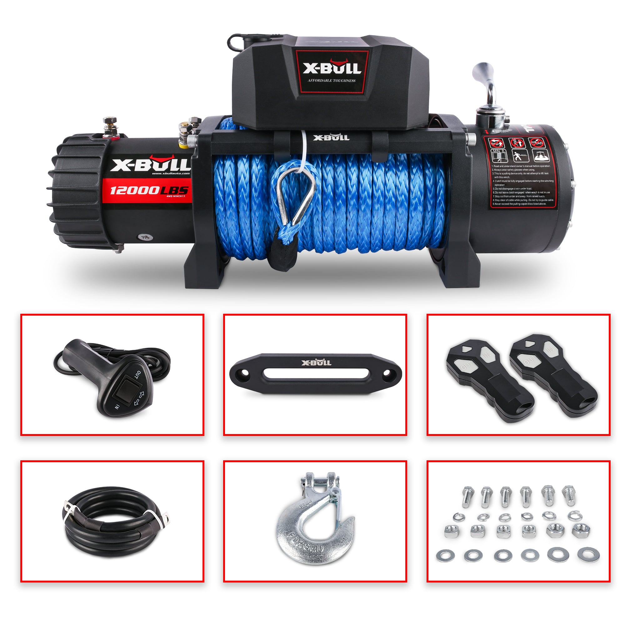 X-BULL 12000LBS SYNTHETIC ROPE WINCH. Load Capacity Electric Winch Kit,Waterproof IP67 Electric Winch with Hawse Fairlead, with Wireless Handheld Remote and Corded Control Recove