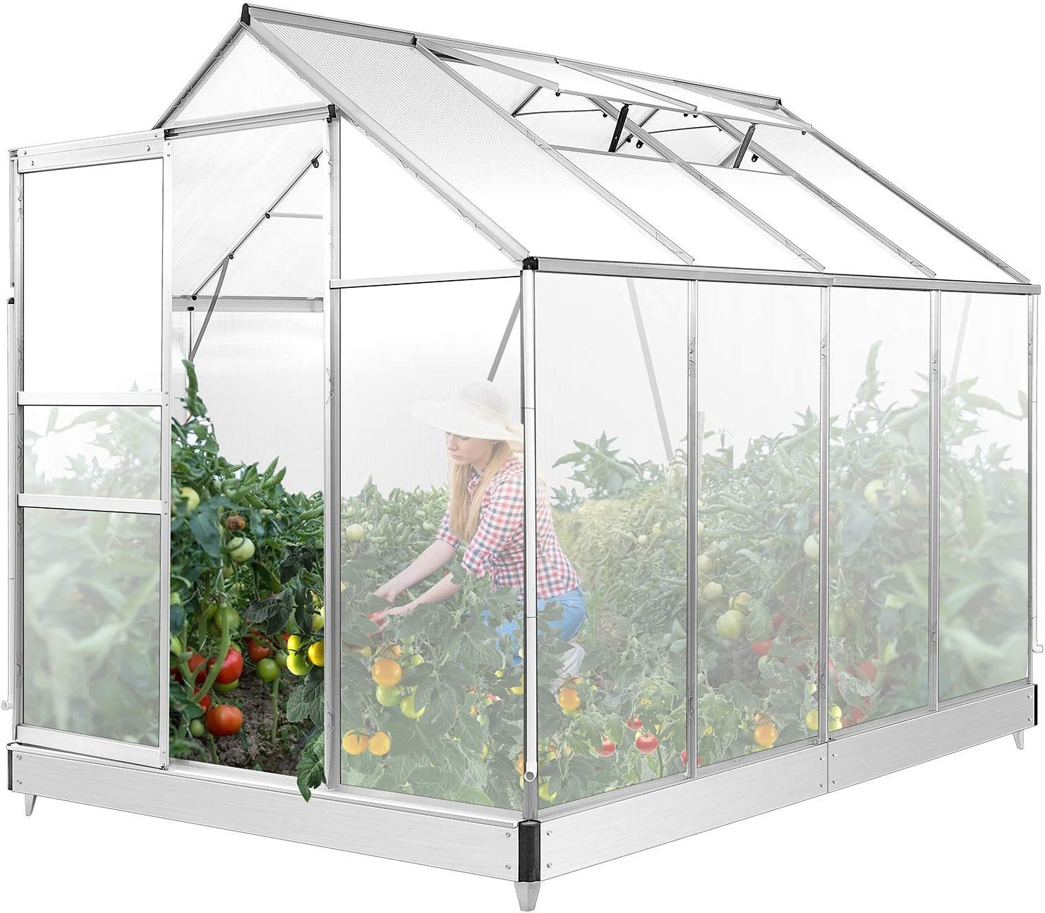 8.3' x 6.3 x 6.8' Aluminum Outdoor Greenhouse, Polycarbonate Walk-in Garden Greenhouse Kit with Adjustable Roof Vent, Rain Gutter and Sliding Door for Winter, Silver