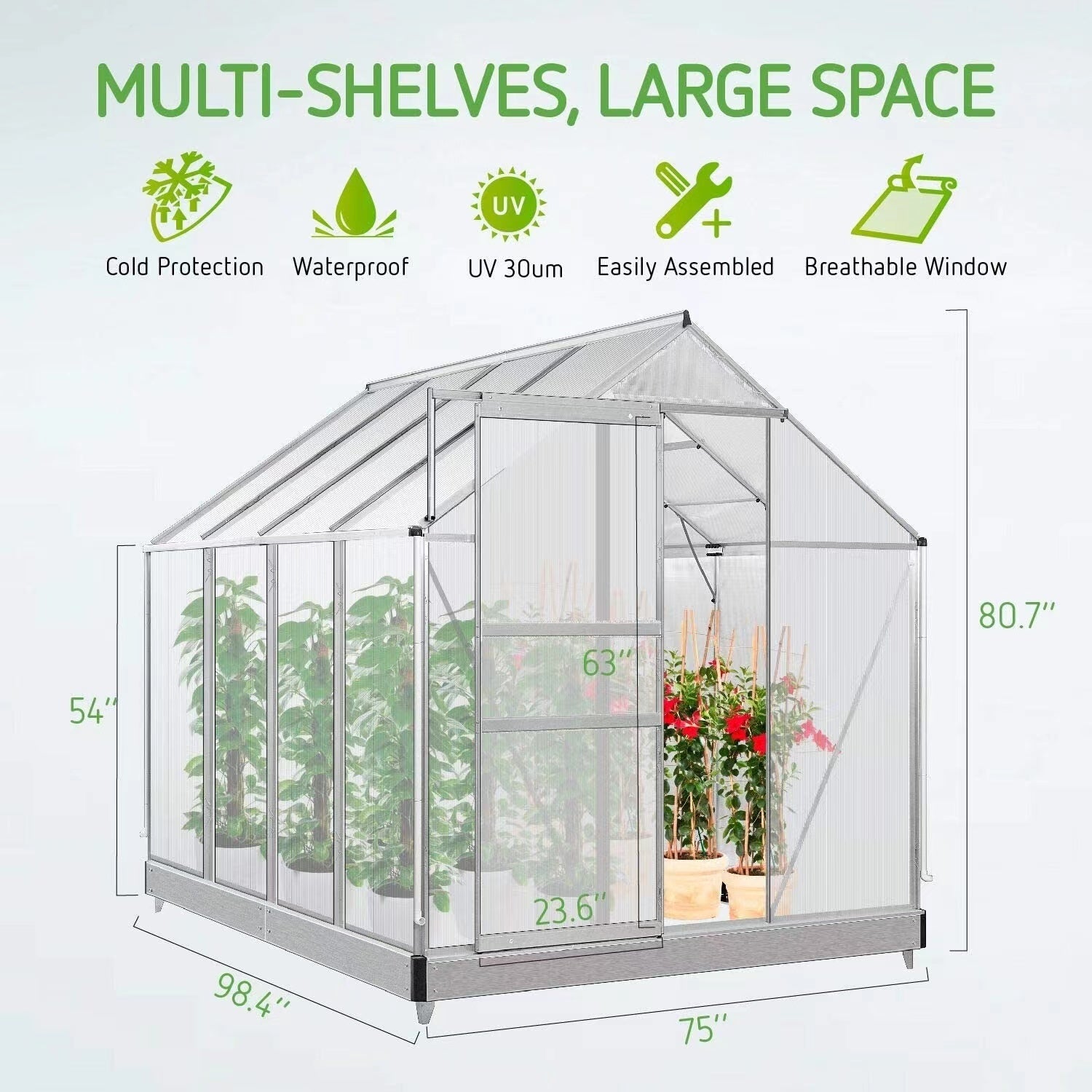 8.3' x 6.3 x 6.8' Aluminum Outdoor Greenhouse, Polycarbonate Walk-in Garden Greenhouse Kit with Adjustable Roof Vent, Rain Gutter and Sliding Door for Winter, Silver